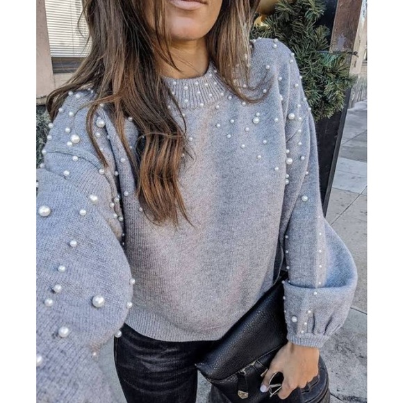 Little Pearls of Life Sweaters - LAST ONE!! Grey and Pearl Beaded Winter Knitted
